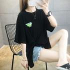 Printed Twist Slit Elbow-sleeve T-shirt