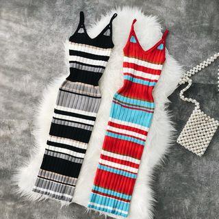 Spaghetti Strap Striped Sheath Knit Dress Black & Gray - One Size