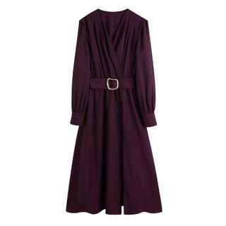 V-neck Belted Midi A-line Dress