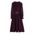 V-neck Belted Midi A-line Dress