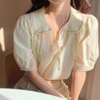 Puff-sleeve Wide-collar Tie-neck Blouse