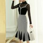 Set: Lace Long-sleeve Top + Houndstooth Midi Pinafore Dress