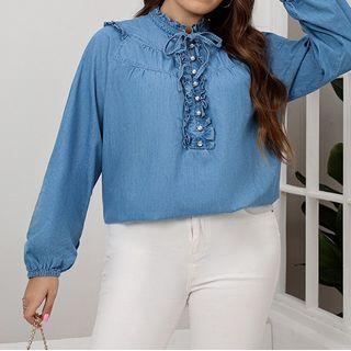 Plus Size High Neck Long Puff Sleeve Denim Top