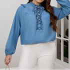 Plus Size High Neck Long Puff Sleeve Denim Top