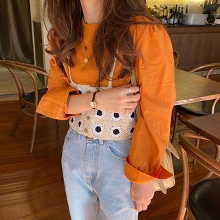 Plain Blouse / Flower Print Crochet Lace Camisole Top