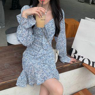 Long-sleeve Ruffle Trim Floral Mini A-line Dress