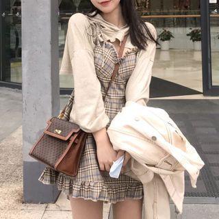 Hoodie Shrug / Spaghetti-strap Plaid Mini A-line Dress