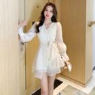 Set: Lantern-sleeve Tie-waist Mini A-line Dress + Shorts