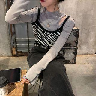 Mock Two-piece Cutout Top / Spaghetti Strap Zebra Print Top