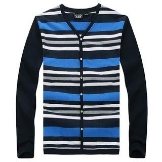Striped V-neck Buttoned Long Sleeve Top
