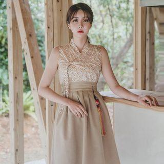Sleeveless Midi Skirt Hanbok Set (floral / Beige)
