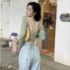Long-sleeve V-neck Open-back Button-up Cropped Top Light Green - One Size