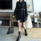Tie-waist Long-sleeve Shirtdress Black - One Size