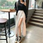 Plain Off-shoulder Long-sleeve Loose-fit Top / Slim-fit Shorts / Mesh Skirt