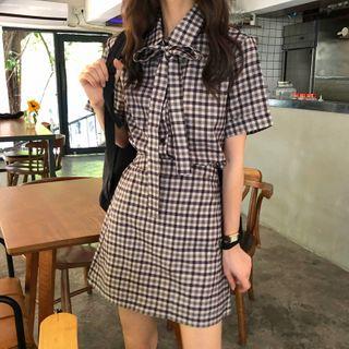 Set: Tie-neck Short-sleeve Shirt + A-line Skirt As Shown In Figure - One Size