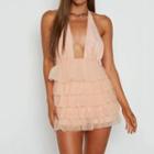 Sleeveless Halter Tiered Mesh Mini Dress