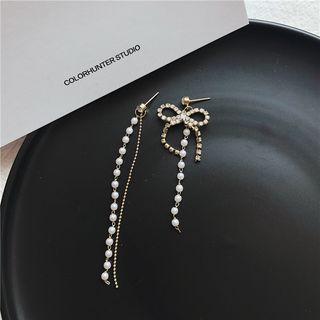 Rhinestone Faux Pearl Bow Fringed Earring