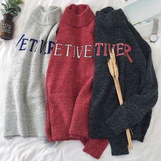 Letter Mock-neck Long-sleeve Knit Top