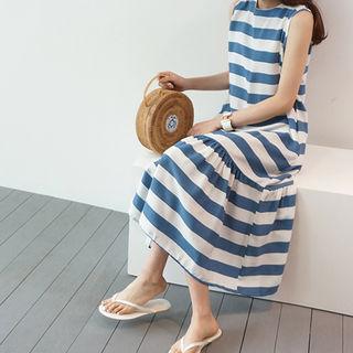 Sleeveless Stripe Ruffle-hem Long Dress