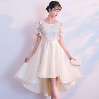 Lace Panel Short Sleeve Dip Back Bridesmaid Dress