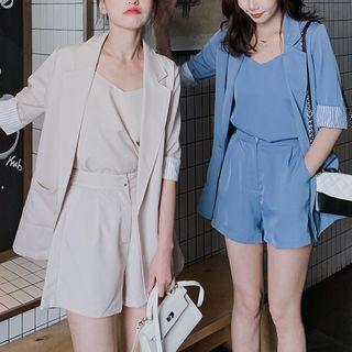 Set: Elbow-sleeve Button Blazer + Camisole + Plain Shorts
