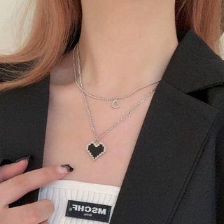 Pixelated Heart Pendant Layered Stainless Steel Necklace 1 Pc - Silver - One Size