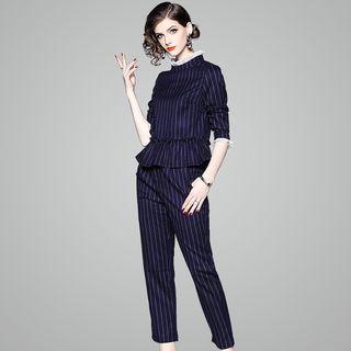 Set: Striped Mock-neck Blouse + Cropped Pants
