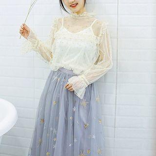 Set : Long-sleeve Mesh Top + Spaghetti Strap Top