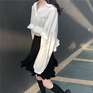 Ruffle Trim Shirt / A-line Knit Skirt