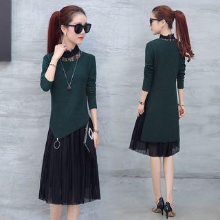 Set: Knit Top + Lace Long-sleeve Dress