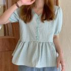 Short-sleeve V-neck Button-up Check Top