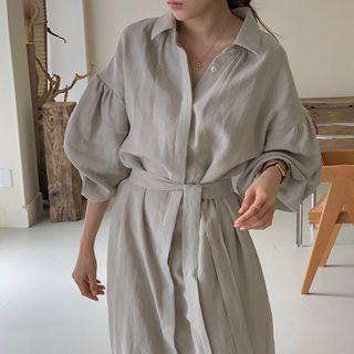 Balloon-sleeve Midi Shirtdress With Sash