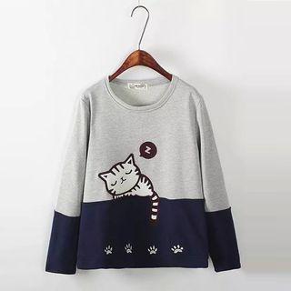Cat Embroidered Long-sleeve Color Panel Hoodie