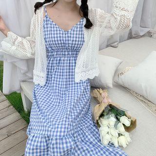 Plaid Strappy Midi Dress / Light Jacket