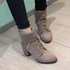 Block Heel Lace-up Knit Panel Short Boots