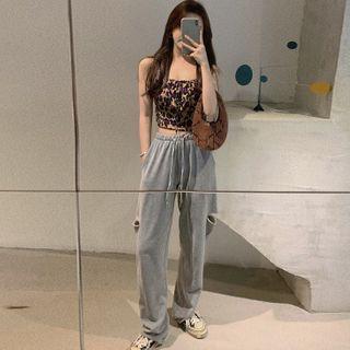 Leopard-print Ruched Crop Top / Cutout Straight-cut Pants