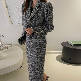 Tweed Set: Single-breasted Blazer + Midi Pencil Skirt