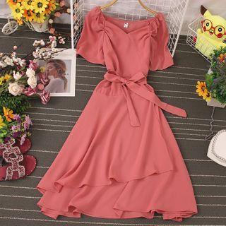 Tie-waist Ruffle Trim Midi A-line Dress