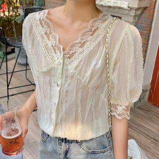 Short Sleeve V-neck Lace Panel Chiffon Blouse