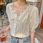 Short Sleeve V-neck Lace Panel Chiffon Blouse