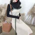 Set: Long-sleeve Mock-neck T-shirt + Spaghetti Strap A-line Dress