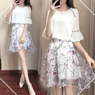 Set: Elbow-sleeve Ruffle Dress + Floral Tulle Skirt