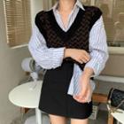 Striped Shirt / Patterned Knit Vest / Mini A-line Skirt