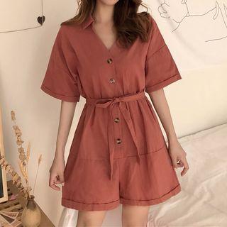 V-neck Elbow-sleeve Tie-waist Playsuit