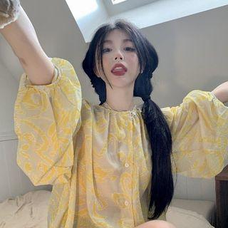 Puff-sleeve Leaf Print Blouse Yellow Flowers - Beige - One Size