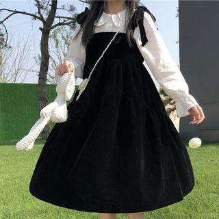Flared-cuff Blouse / Tie-shoulder Velvet Pinafore Dress