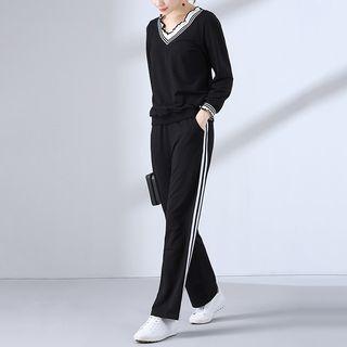 Set: Contrast Trim V-neck Pullover + Sweatpants