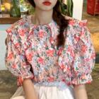 Floral Peter Pan Collar Puff-sleeve Top / High-waist Accordion Pleat Mini Skirt