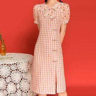 Plaid Panel Frog-button Midi A-line Dress