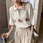 Elbow-sleeve Collared Flower Print T-shirt Gray Beige - One Size